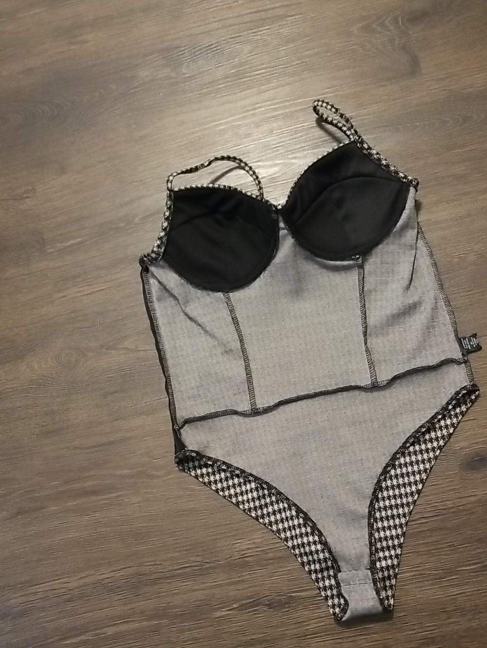 Haute Monde Houndstooth Bustier Bodysuit - Black & Cream - Picture 3 of 5